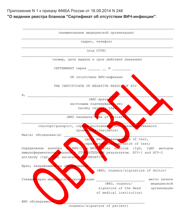 Оформление справки об отсутствии ВИЧ-инфекций