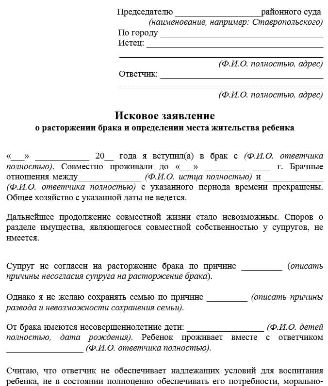 Образец искового заявления о расторжении брака без детей в суд