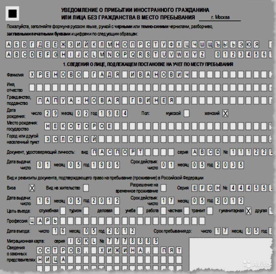 Уведомление о прибытии иностранного гражданина внж образец