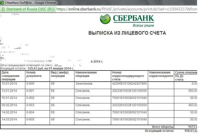 Банковская выписка по счету образец