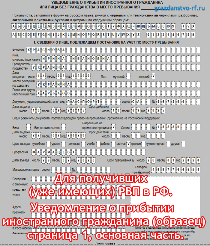 Анкета для регистрации иностранных граждан образец