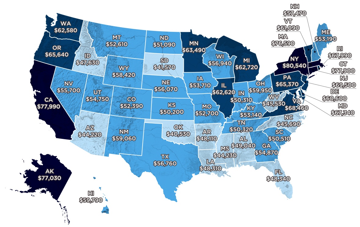 Заработная плата в США по Штатам