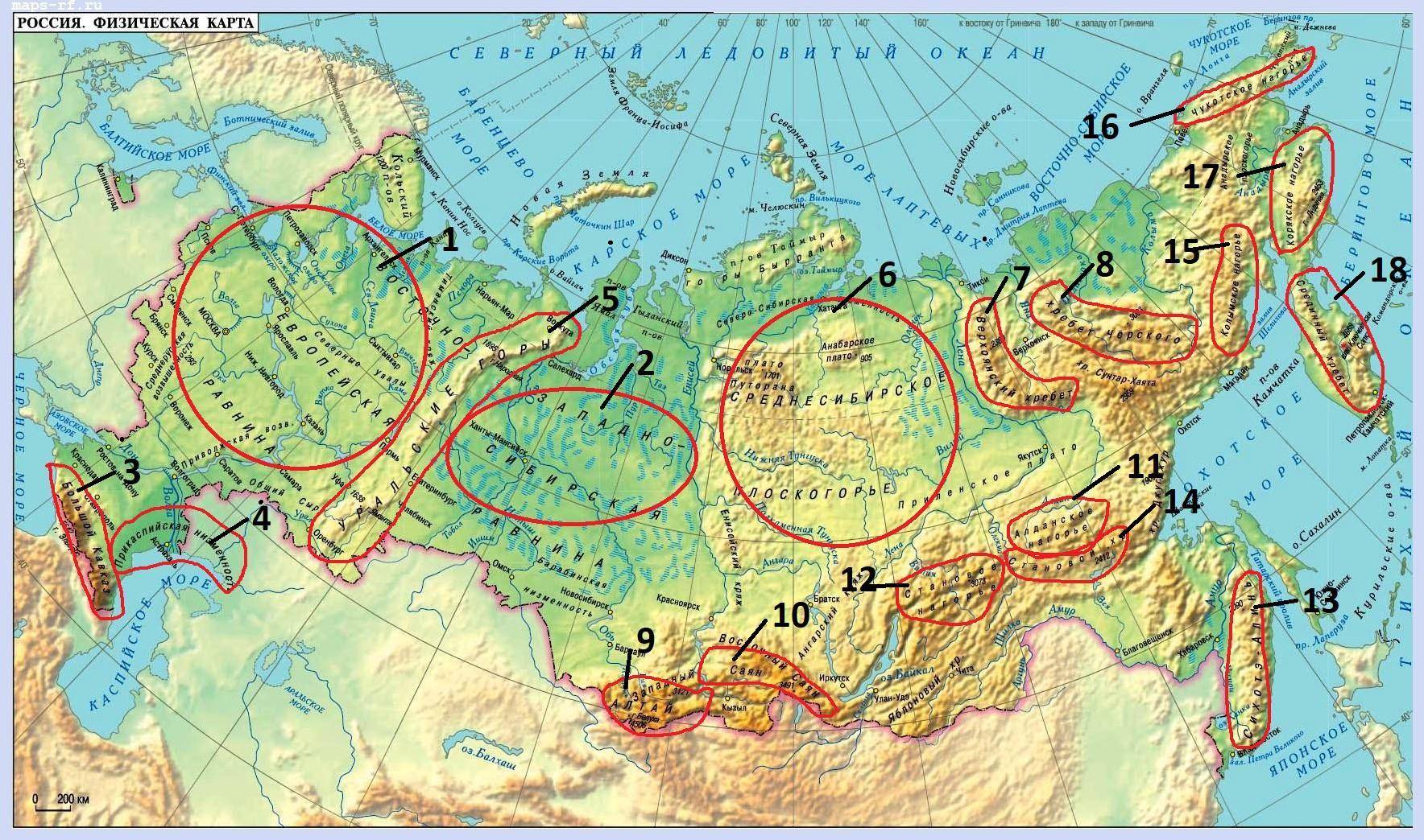 Карта России с горами и равнинами и хребтами