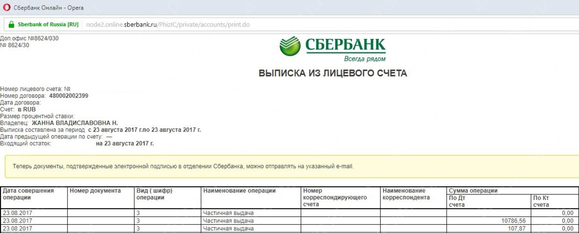 Образец выписки из лицевого счета