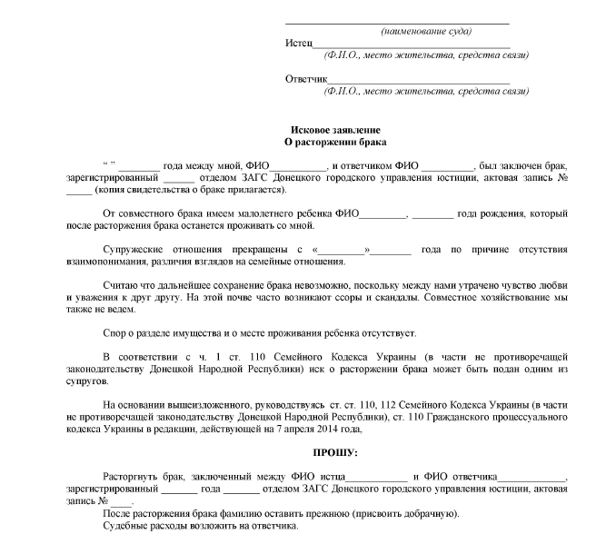 Образец искового заявления о расторжении брака с иностранным гражданином без детей