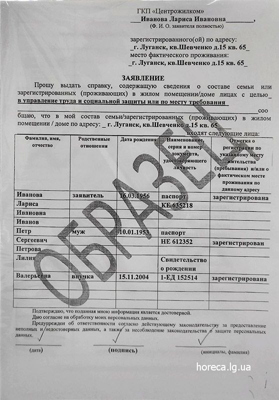 Образец заполнения справки о составе семьи с места жительства