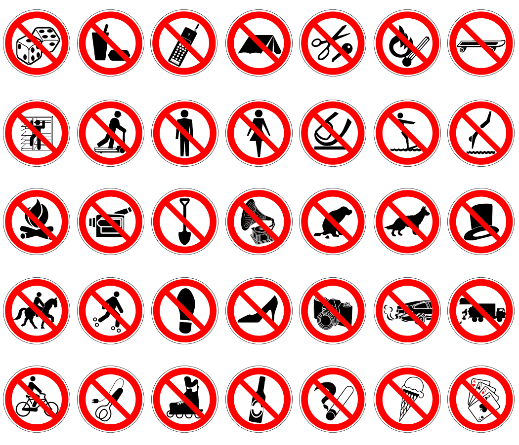 6 человек запреты. Запрещающие знаки. Различные запрещающие знаки. Знак запрета. Запрещающие и предупреждающие знаки.