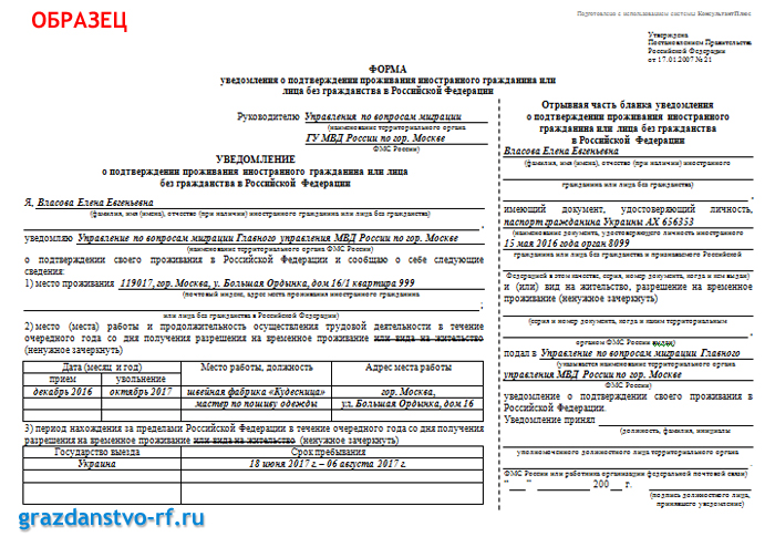 Образец заполнения уведомления о наличии вида на жительство в другой стране
