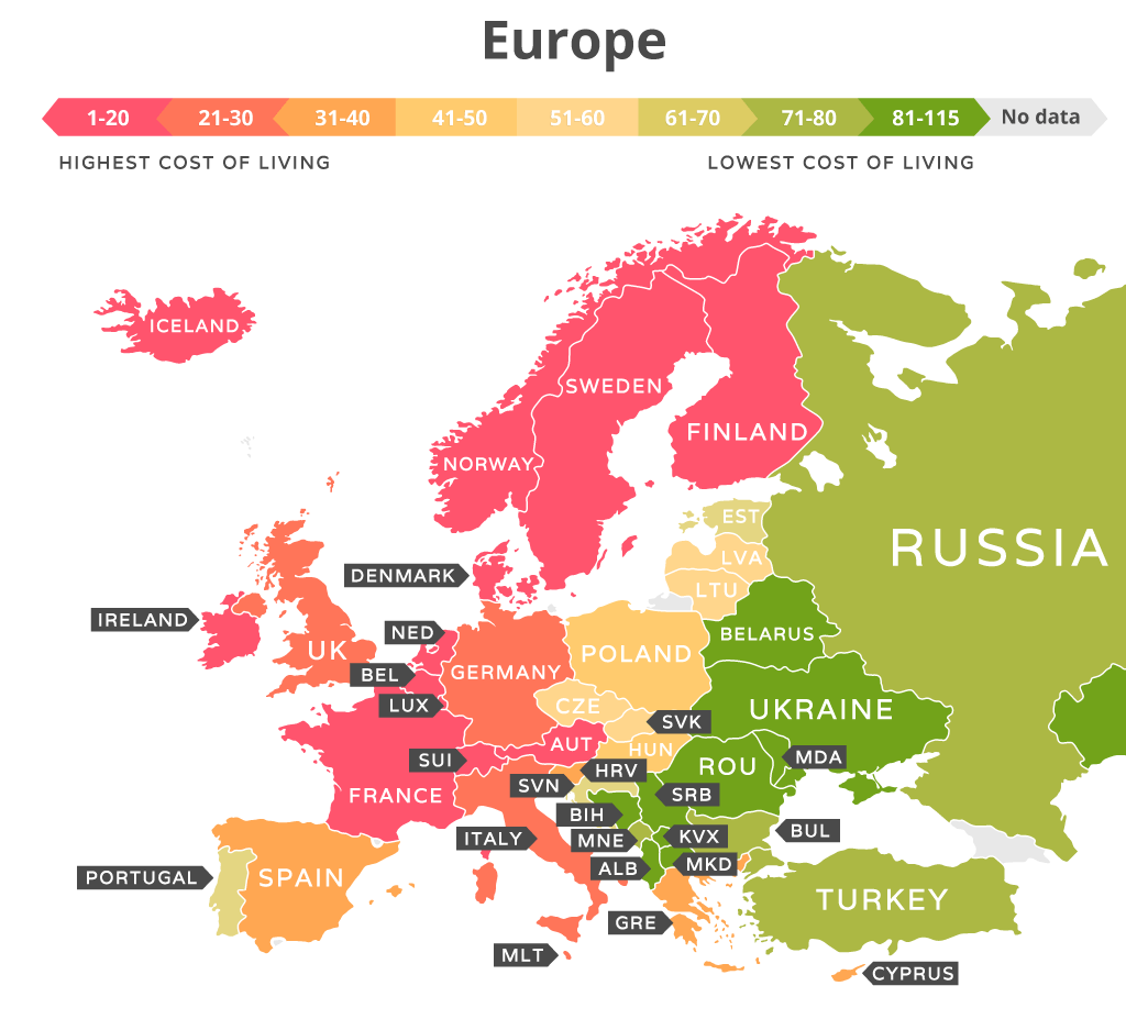 Стоимость жизни в странах европы карта