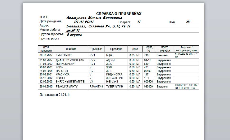 Справка о прививке от кори образец