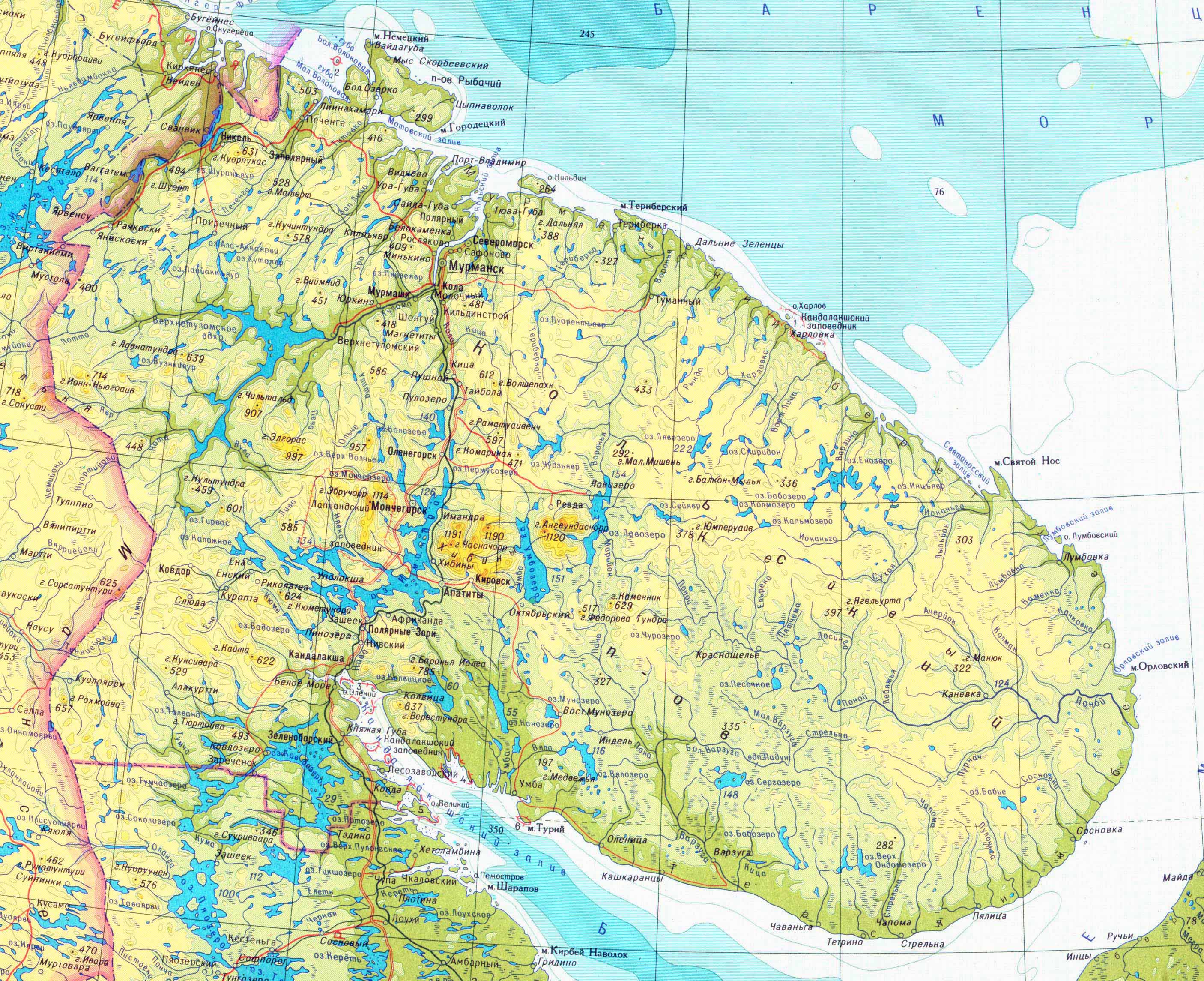 Кольский полуостров физическая карта