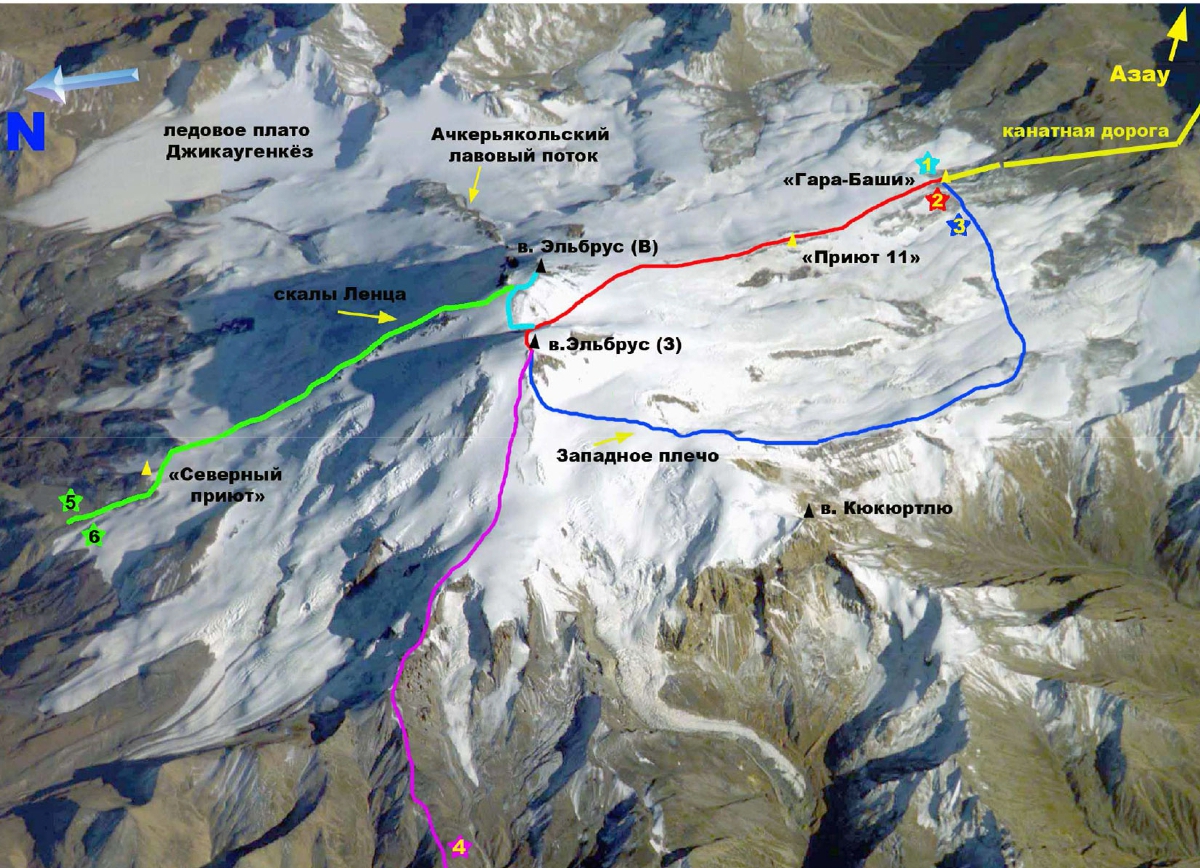 Маршруты восхождения на Эльбрус схема