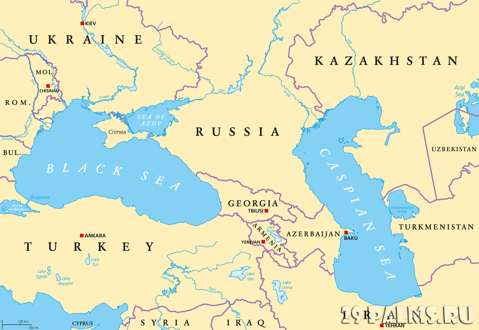 Черное море и Каспийское море на карте