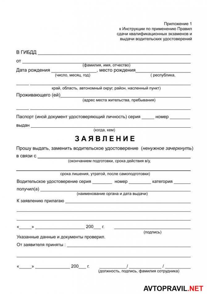 Перечень документов и бланк заявления для получения водительских прав