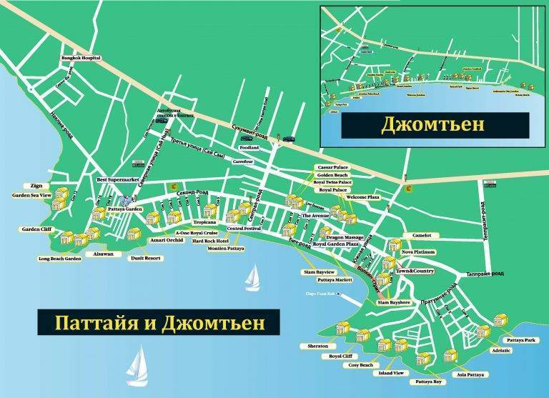 Карта паттайи на русском языке: расположение пляжей, отелей